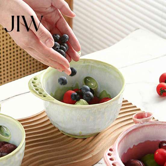 Ergonomic Fruit Washer Ceramic Berry Swirl Washing Bowl, Self Spinning Colander Quick Drainer for Produce with Drain Holes, Kitchen Prep Tool
