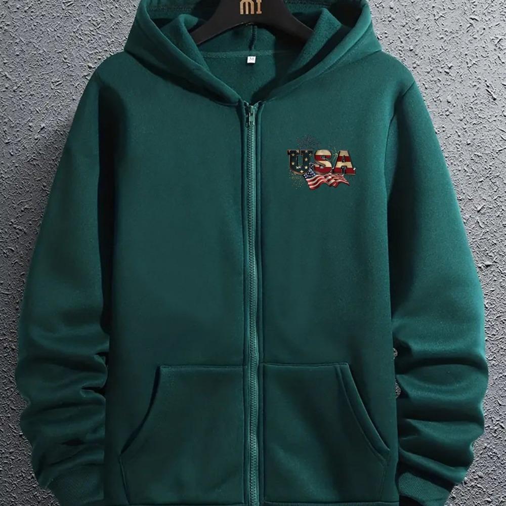 

Flag Letter Print Zip Up Hoodie with Kangaroo Pocket, Fashion Long Sleeve Hooded Sweatshirt, Autumn Winter Loose Casual Top, Men s Clothing XL