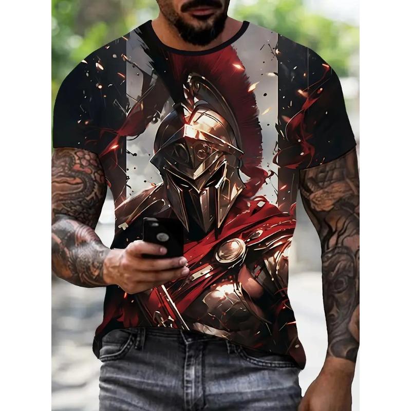 Men's Stylish Warrior Graphic T Shirt Clothes Full Print Short Sleeve Crew Neck Casual Tshirts Tops New In Mens Tees Streetwear
