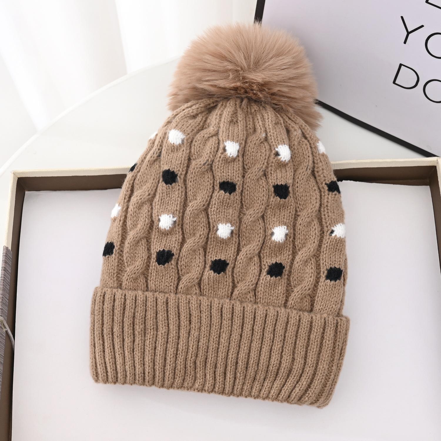 

Winter new color hat polka dot jacquard knitted hat Korean version women s plush warm hairball ear protection wool hat [Good Quality] Fleece