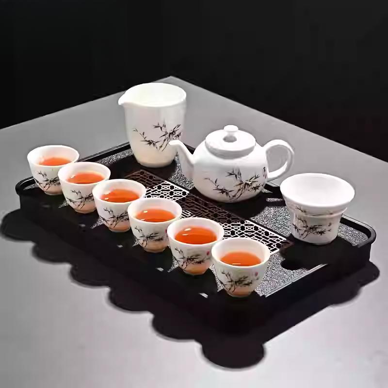 Goat Jade Tea Set Kung Fu Set Chinese Light Luxury Tea Calendars Teacups Office White Porcelain Teapot Covered Bowl Set