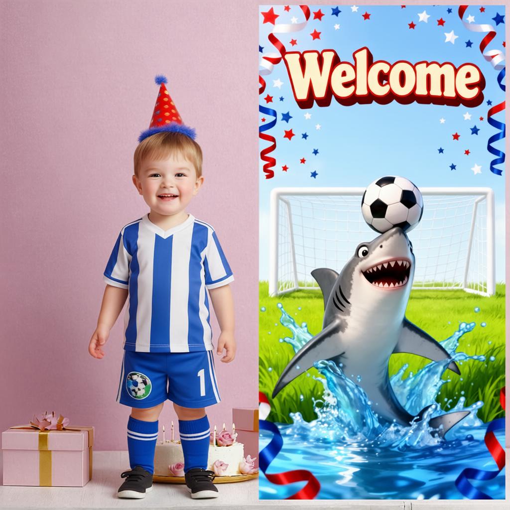 Welcome Shark Soccer Door Cover Cartoon Festive Event Banner Welcome Shark Soccer Backdrop Water Splash Effect