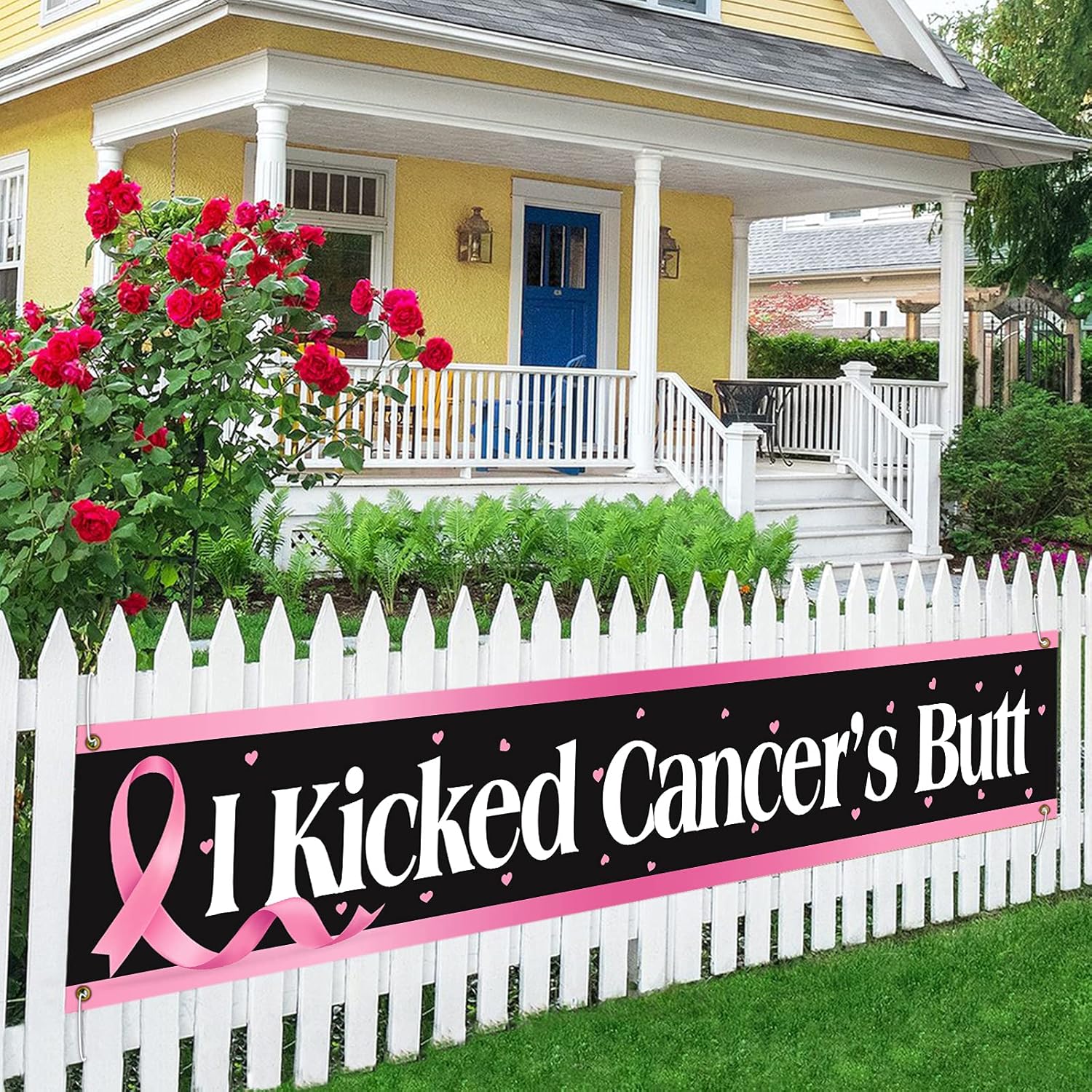 Meltelof I Kicked Cancer s Butt Large Banner Sign,Cancer Survivor Cancer Free Party Beat Cancer Party Decorations,Cancer Survivor Theme Party