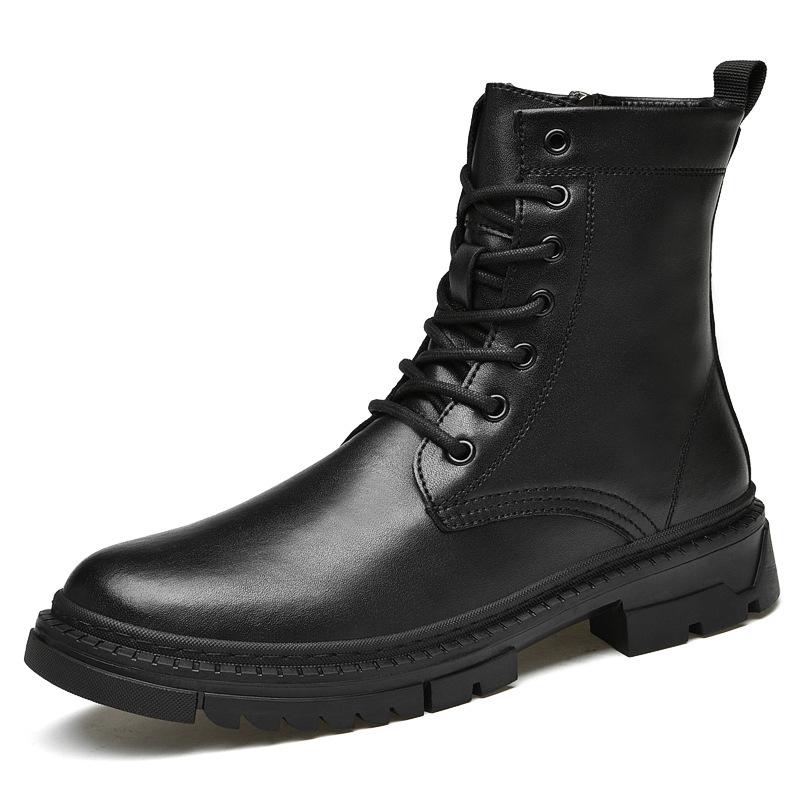 Men s Trendy Autumn Velvet-Lined High-Top Cowhide Boots in British Style - Black Mid-Top Work Shoes 49