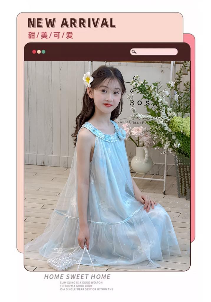 Girls' Sleeveless Dress, Summer Neck Hanging, Stylish Chiffon Dress, 2026 New Item, Medium To Large Children's Mesh Dress, Korean Version