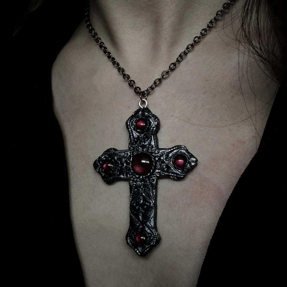 Gothic Retro Inlay Red Opal Large Cross Pendant Necklace for Women Halloween Party Vampire Collar Chain Jewelry Accessories Gift