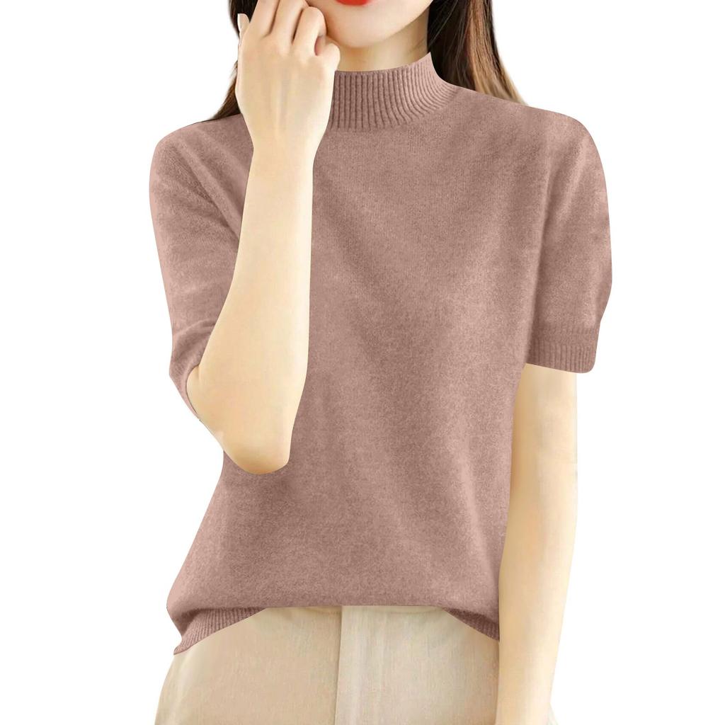 Women's Fashion Loose Knit Sweater Bottom Shirt Half High Neck Pullover Short Sleeve Solid Color Top
