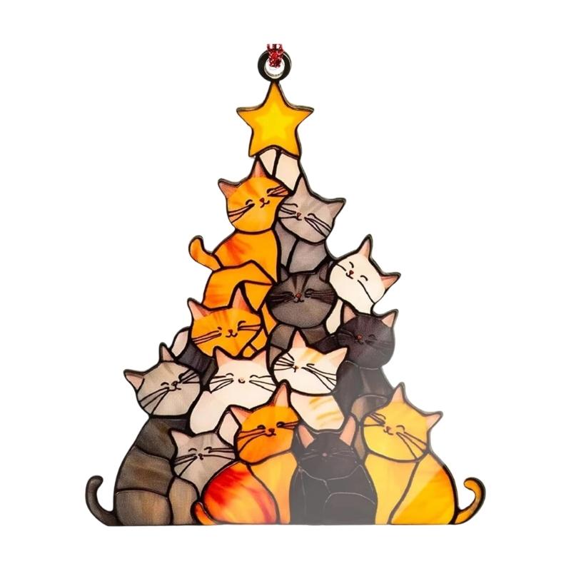 Cats Christmas Tree Suncatchers Colorful Glass Panel Suncatchers Decors Birthday Gift Women Stained Glass Window Hanging