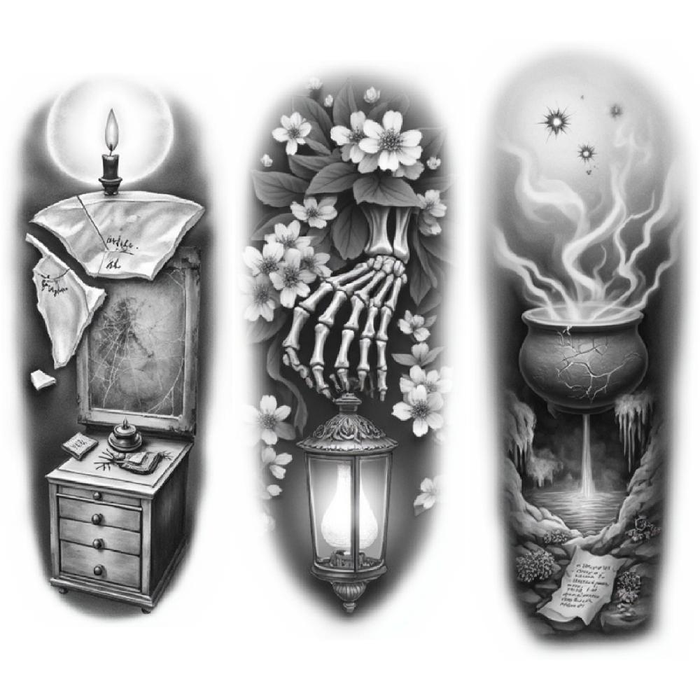 3pcs Temporary Tattoo Black And Grey Realism Candle And Bottle Cauldron With Smoke Sky And Bird For Adults Thighs Women