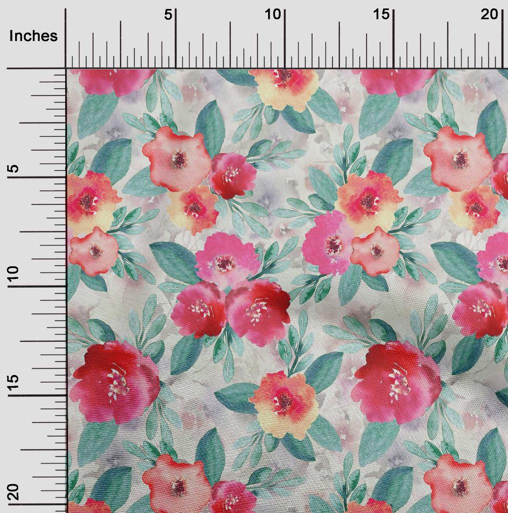 oneOone Cotton Flex Fabric Watercolor Leaves & Peony Floral Print Fabric BTY 40 Inch