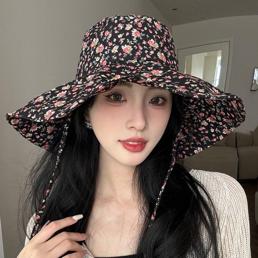 Fashion Floral Fisherman Hat Adjustable Large Brim Sunscreen Hat Foldable Sweet Sun Cap Beach