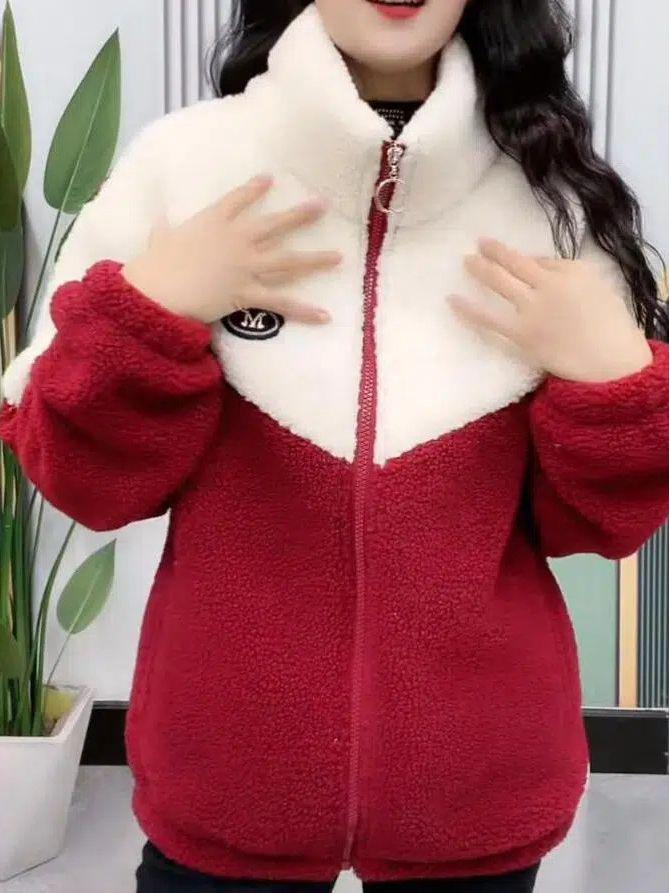 Korean-Style Plus Size Patchwork Cotton Coat - Autumn/Winter 2023 Lamb Fleece Casual Jacket for Women