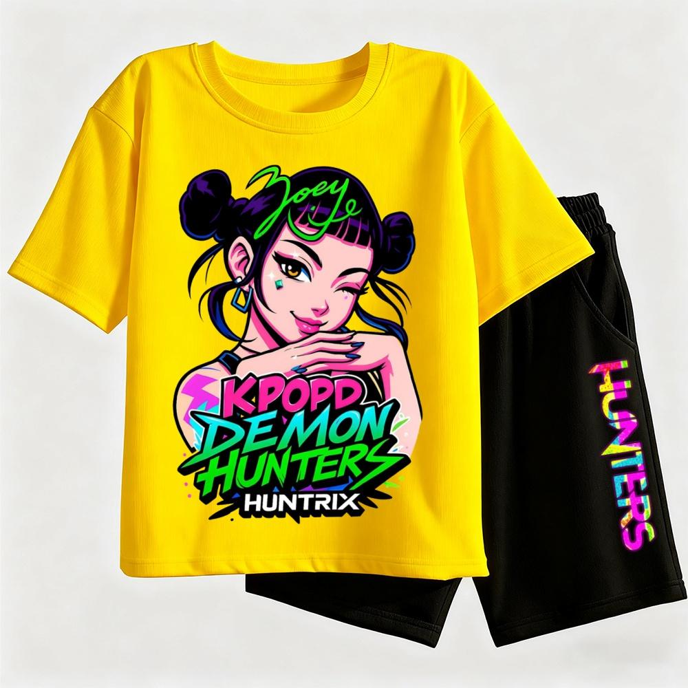 2pcs Kpop Demon Hunters Short Sleeved Shorts Set Featuring Rumi Mira Zoey Girl Group Magical Warrior Fan Tops