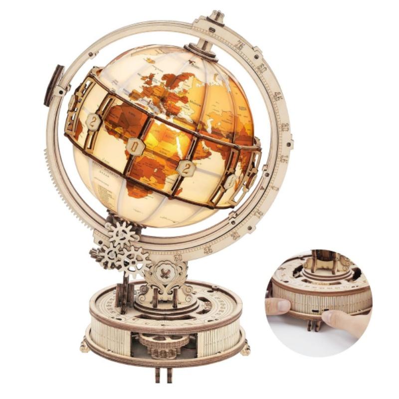 3D Wooden Puzzle Luminous World Model Kit with LED Light Rotating Wooden Construction Kit Best Festival Gifts