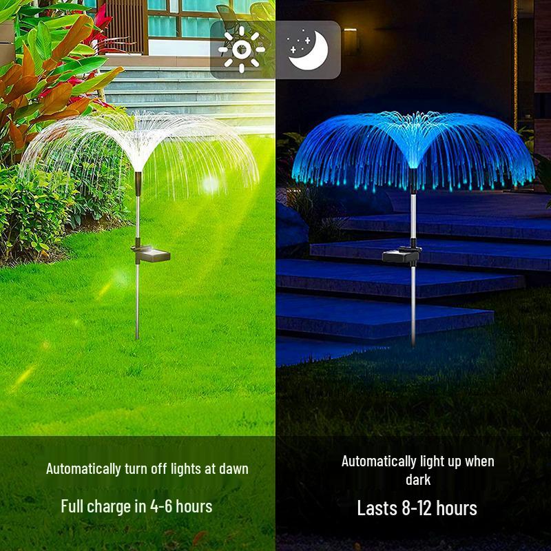Solar Color-Changing Fiber Optic Jellyfish Garden Stake Light - Outdoor Decorative Reed Lamp for Lawn, Courtyard, or Villa