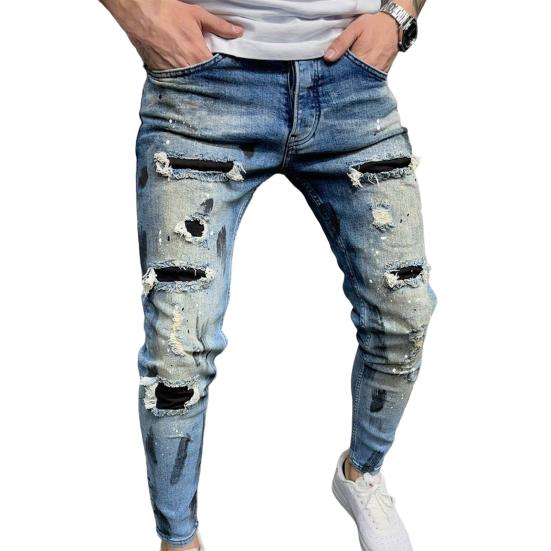 

Men Jeans Ripped Whitewashed Multi Pockets Bottoms Skinny Washable Denim Pants Streetwear