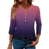 Women's Fashionable Casual Color Block Gradient Print V-Neck Button Three-Quarter Sleeve T-Shirt Top
