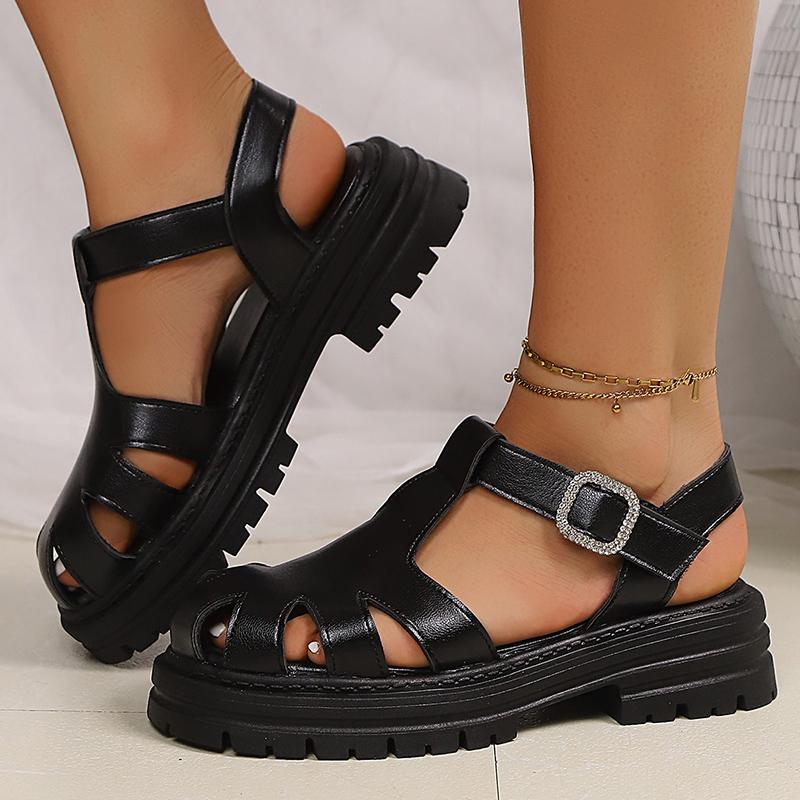 Fashion Black Pu Leather Thick Bottom Rome Sandals Women Summer Closed Toe Platform Sandles Woman Fashion Non Slip Beach Sandalias Mujer