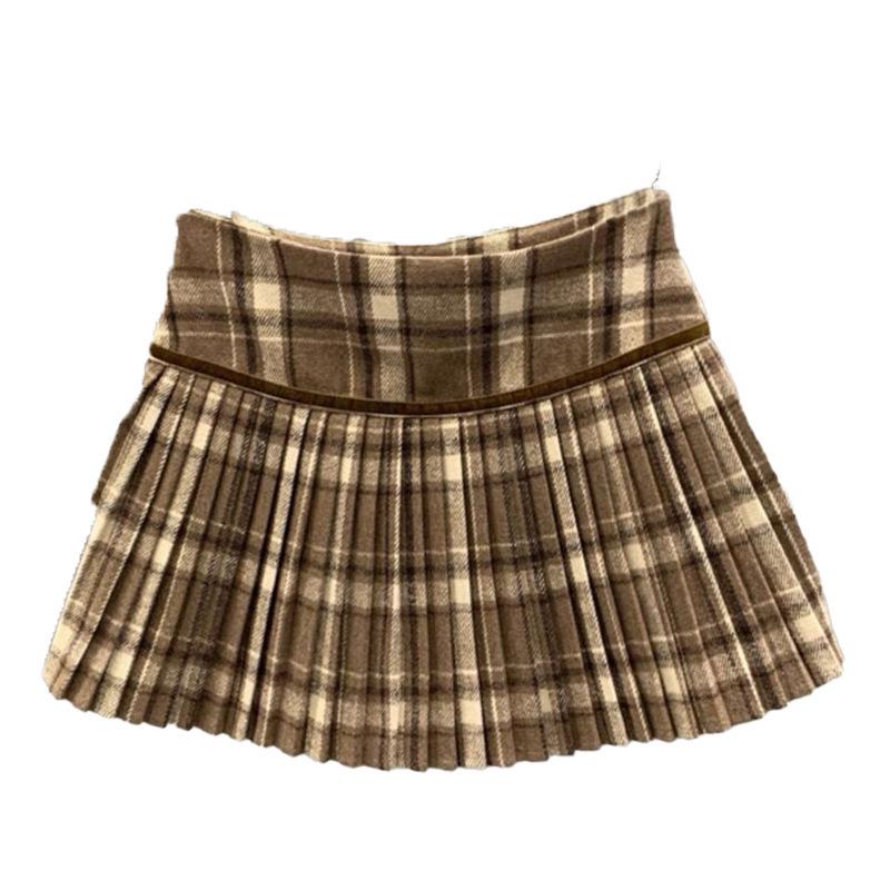 Women's High Waist Plaid Wool Skirt - Spring 2025 College Style Petite Skirt