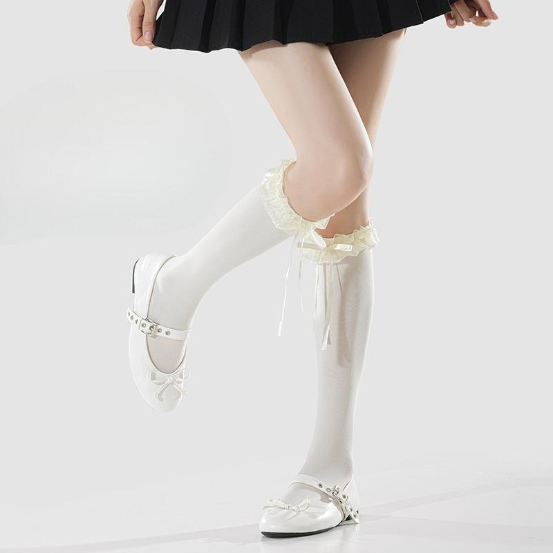 Thin Ballet-style Socks for Women, Bow Tie Leg Covers, Solid Color Pile Socks
