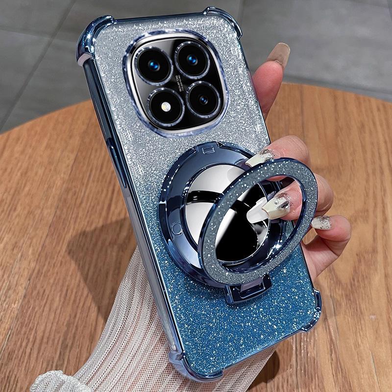 Glitter Shockproof Silicone Case For Xiaomi Redmi 14C Note 14 Pro Plus 4G 5G Note 14S Mirror Magnetic Holder Stand Soft Cover