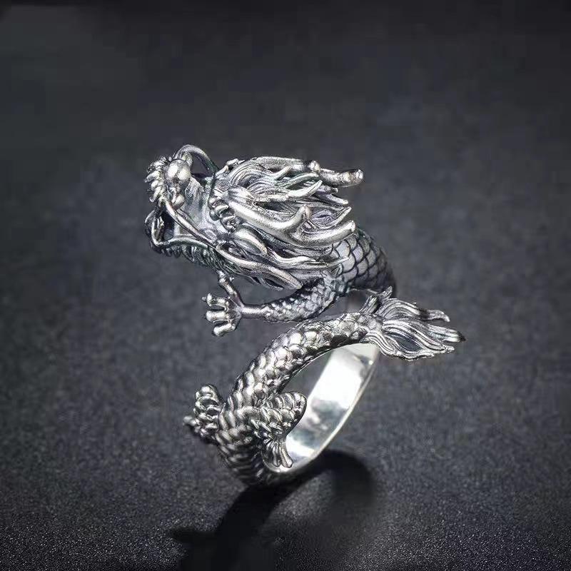 Trendy Retro Ring Dragon Men's Open Dragon Pattern Ring Domineering Dragon-shaped Coiled Dragon Index Finger Ring
