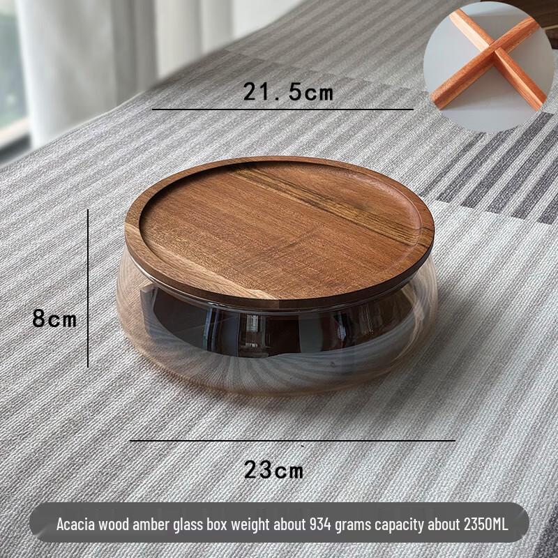 Amber Glass Storage Dish with Acacia Wood Stand