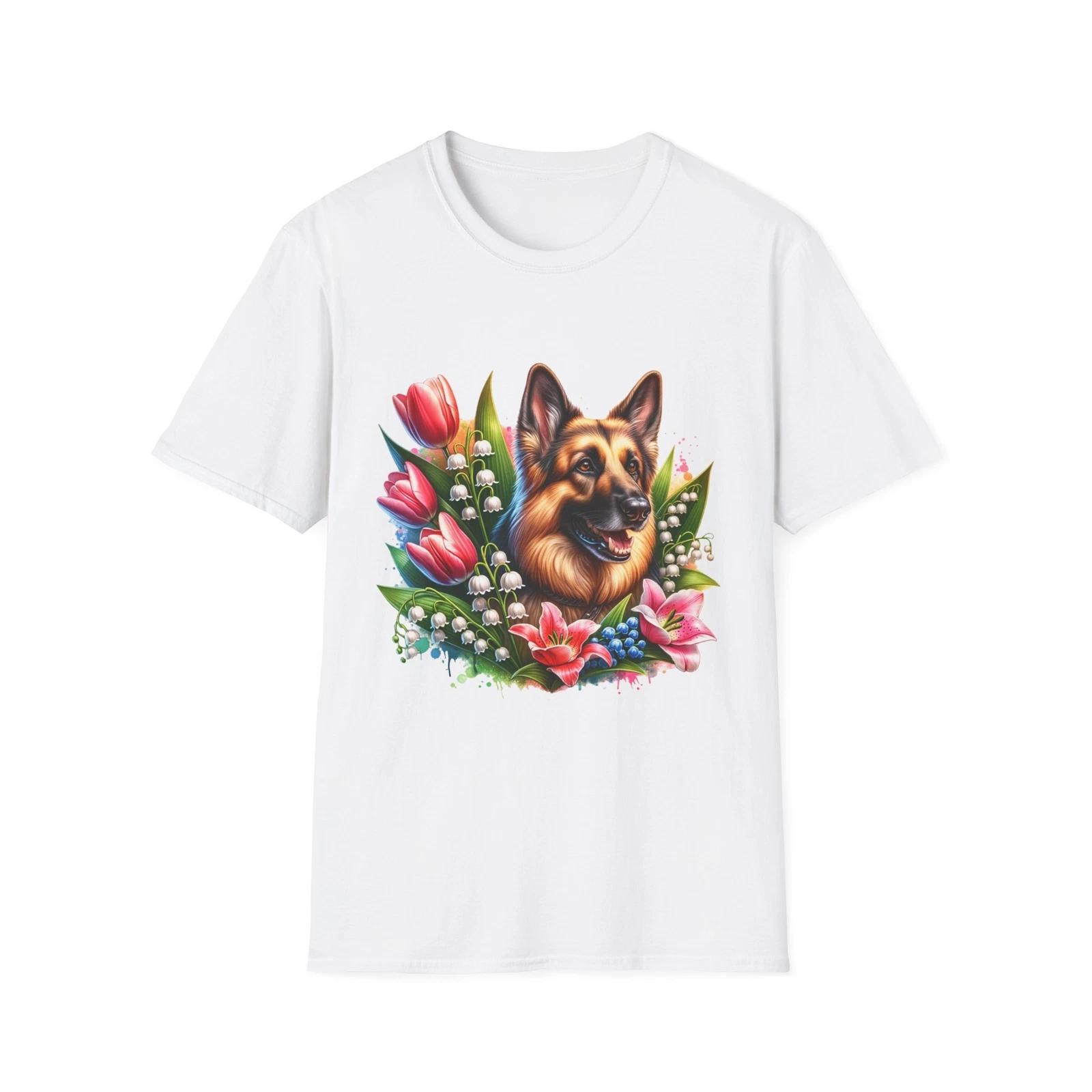 Floral German Shepherd T-Shirt, Dog Lover Gift, Casual Wear, Pet Memorial, M