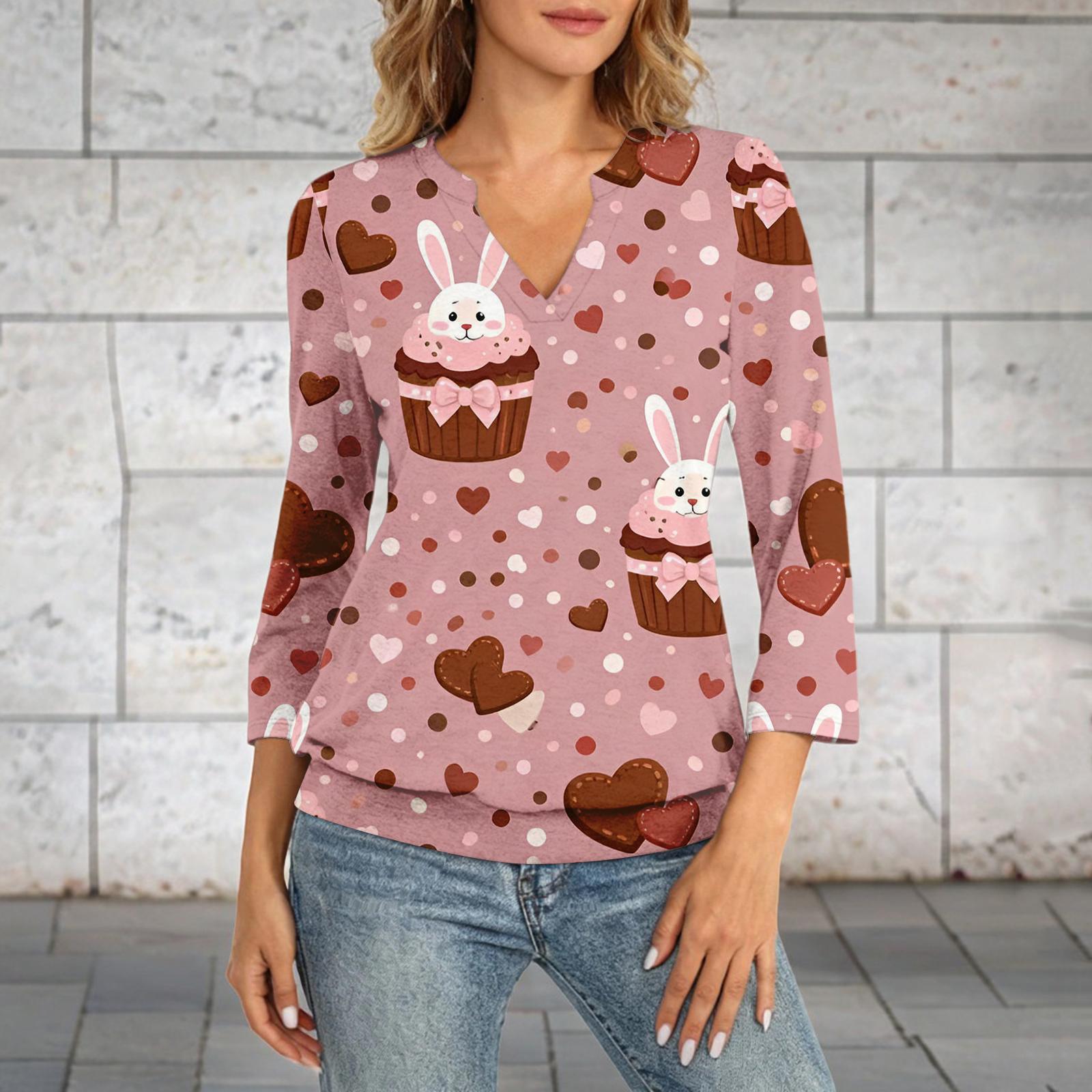 

Women s 3/4 Sleeve Top Neck Hem V-Neck Summer Casual -Shirt Easter Printed Top XL кавун червоний колір