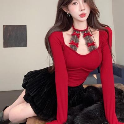 2KWEIRD Cuello Cuadrado Manga Larga Bottoming Camisetas para Mujer Dulce Estética Y2k Lazo Sexy Encaje Crop Top Moda Chic Japonesa Camisetas Ajustadas