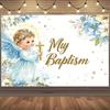 One Angel Baptism Background with a Cross and Wings - Soft Blue and White Floral Design