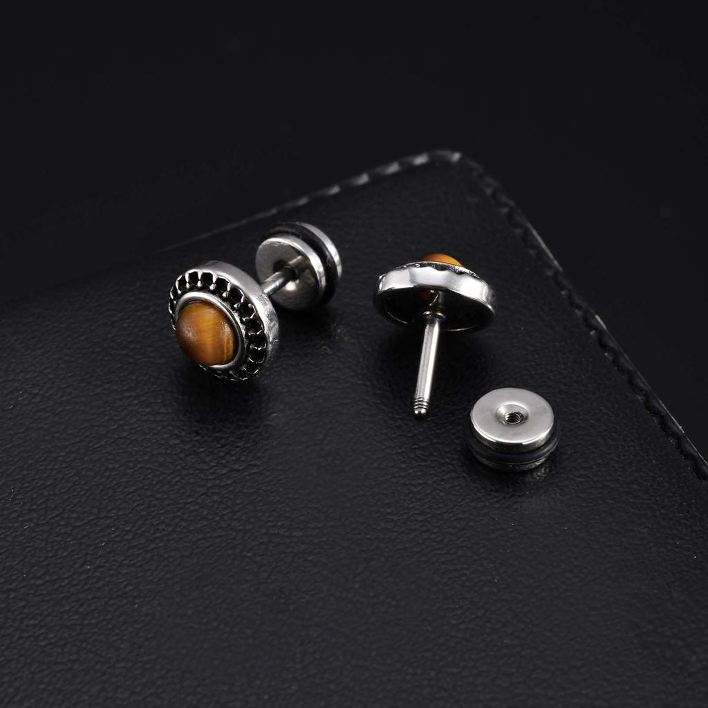 Natural Stone Studs Earrings for Men Women, Stainless Steel Hypoallergenic Small Round Earrings,Unisex Vintage Boho Jewelry Gift