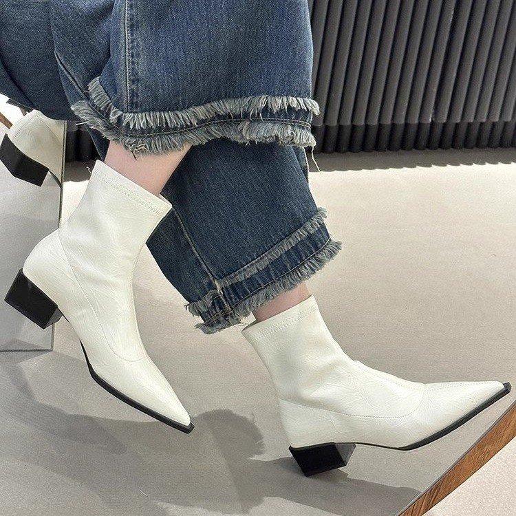Szpiczaste damskie botki do kostki modne grube obcasy wyszczuplające krótkie botki jesień zima miękkie skórzane buty damskie