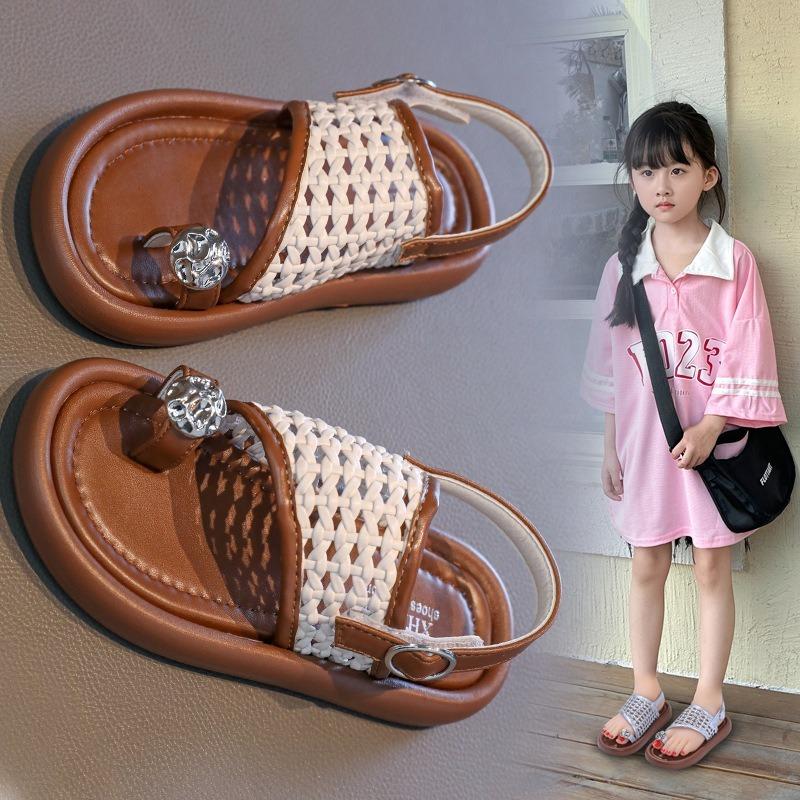Sandálias de Encaixe com Pérolas para Meninas, Sapatos de Princesa, Sandálias de Praia Trançadas Estilosas para Bebês e Crianças, Sapatos Casuais Frescos