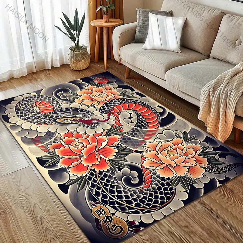 Snake Japanese Tattoo Art Print Carpet for Living Room Bedroom Bedside Sofa Floor Mat Modern Home Decor Area Rug Large Size