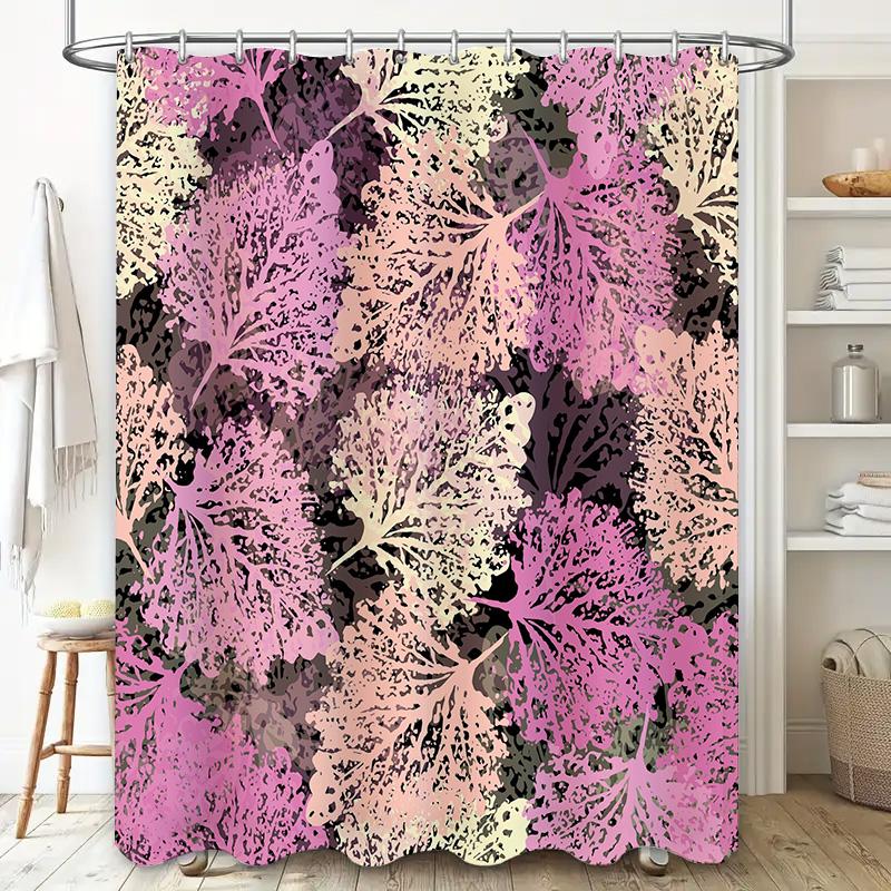 Modern Floral Shower Curtain Pink White Leaves Pattern for Bathroom Decor