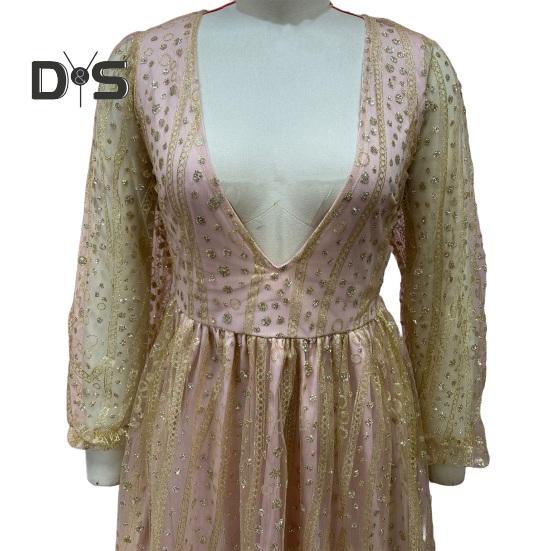 Robe de soirée col en V profond paillettes maille transparente robe trapèze mini manches longues lanterne robe de soirée cocktail courte