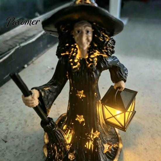 Resin Witch Statue 2Pcs Halloween Night Lamp, Holding Lantern Figurine with Atmosphere Lights LED, Glowing for Tabletop Decor
