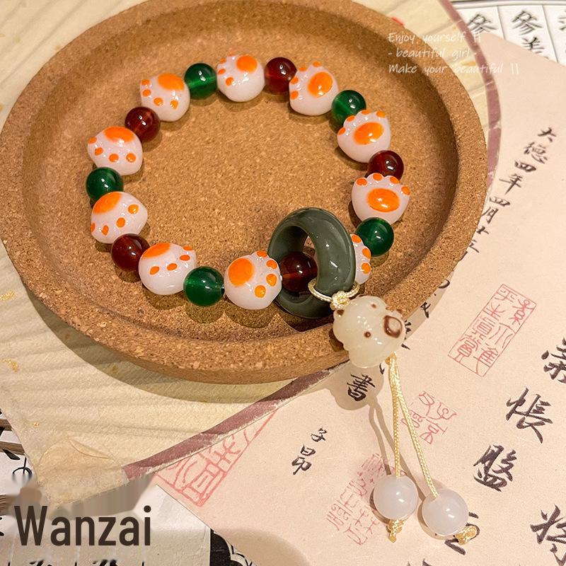 Chic Medieval Chinese-Style Cat Claw Bracelet: Charcoal-Roasted, Imitation White Jade & Bodhi Seeds, Soft Play Women's Jewelry