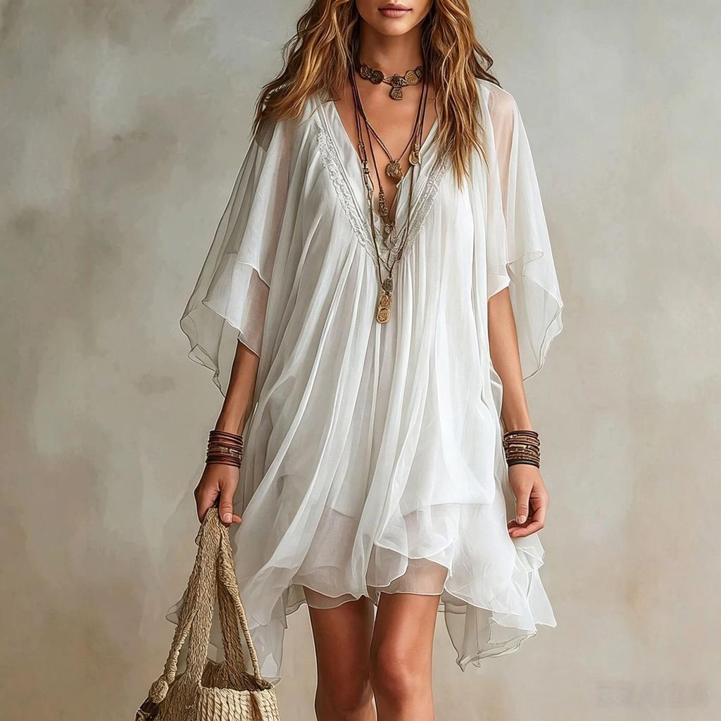 Robe Chiffon Couleur Col en V pour Femme - Vacances à la Plage, Tenue d'Été Décontractée