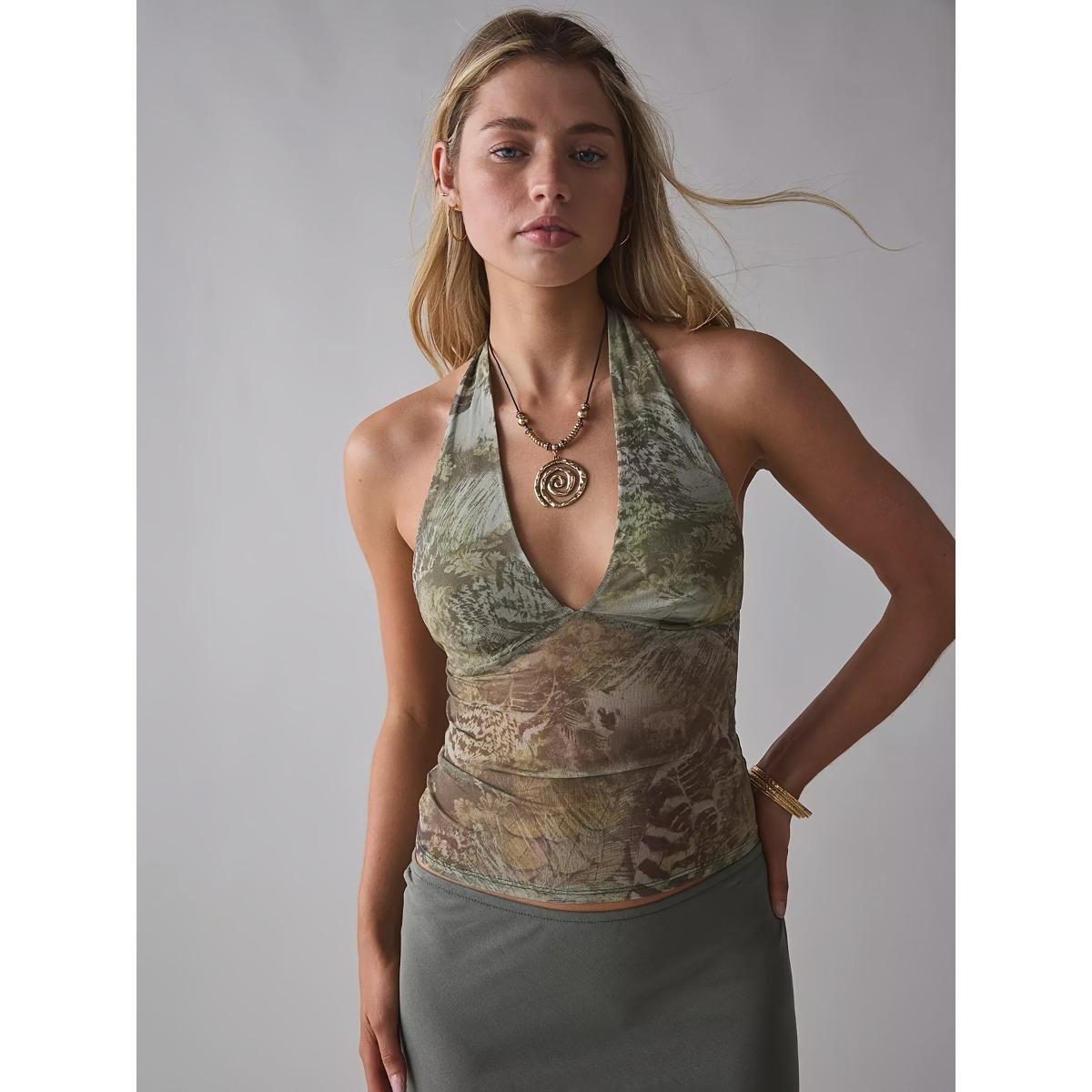 Women s Halter V Neck Printed Mesh Cami Top Sleeveless Tie Back Tank Top XS зелёный
