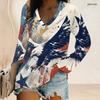 Women Plus Size V Neck Long Sleeve Printed Top Red White Blue Star Striped Curved Hem