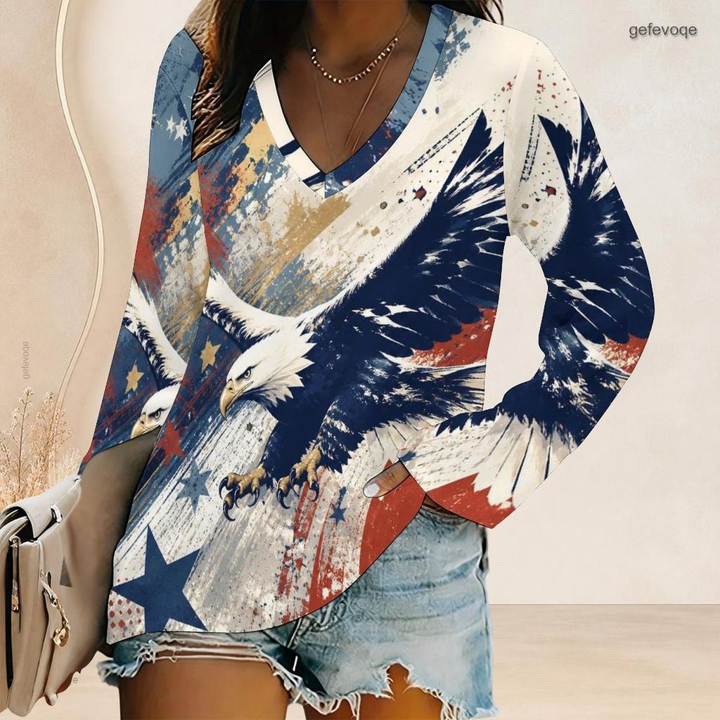 Women Plus Size V Neck Long Sleeve Printed Top Red White Blue Star Striped Curved Hem