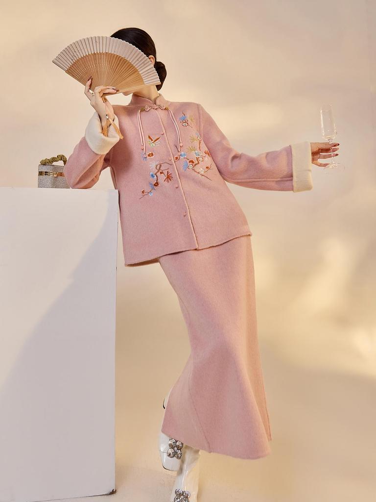 Autumn/Winter Double-Sided Wool Color Block Suit: Stand Collar Frog Button Top + Skirt Set (NX009)