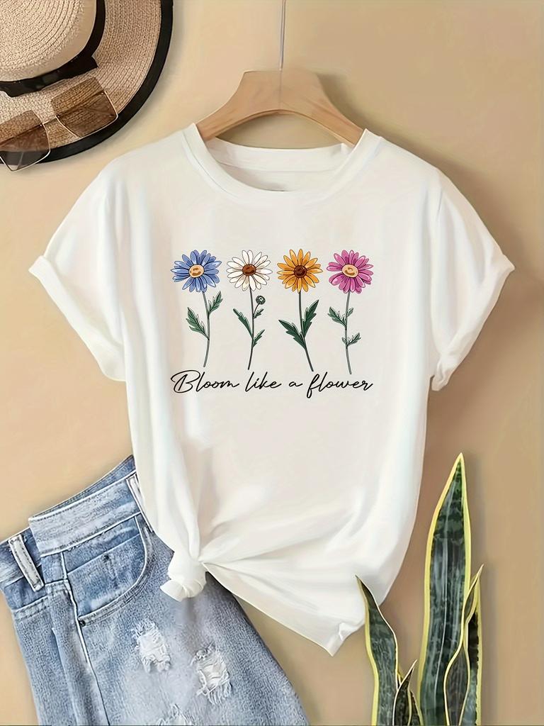 Women's Casual Short Sleeve T-Shirt - Retro Floral Print , Soft Stretch Round Neck Top, Cute T Shirts, Playful Graphic Tee