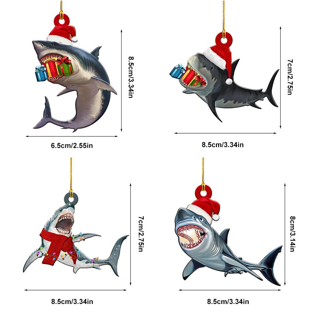 4Pcs Merry Christmas Wooden Pendant Christmas Tree Shark Pendant for Christmas Party Window Table