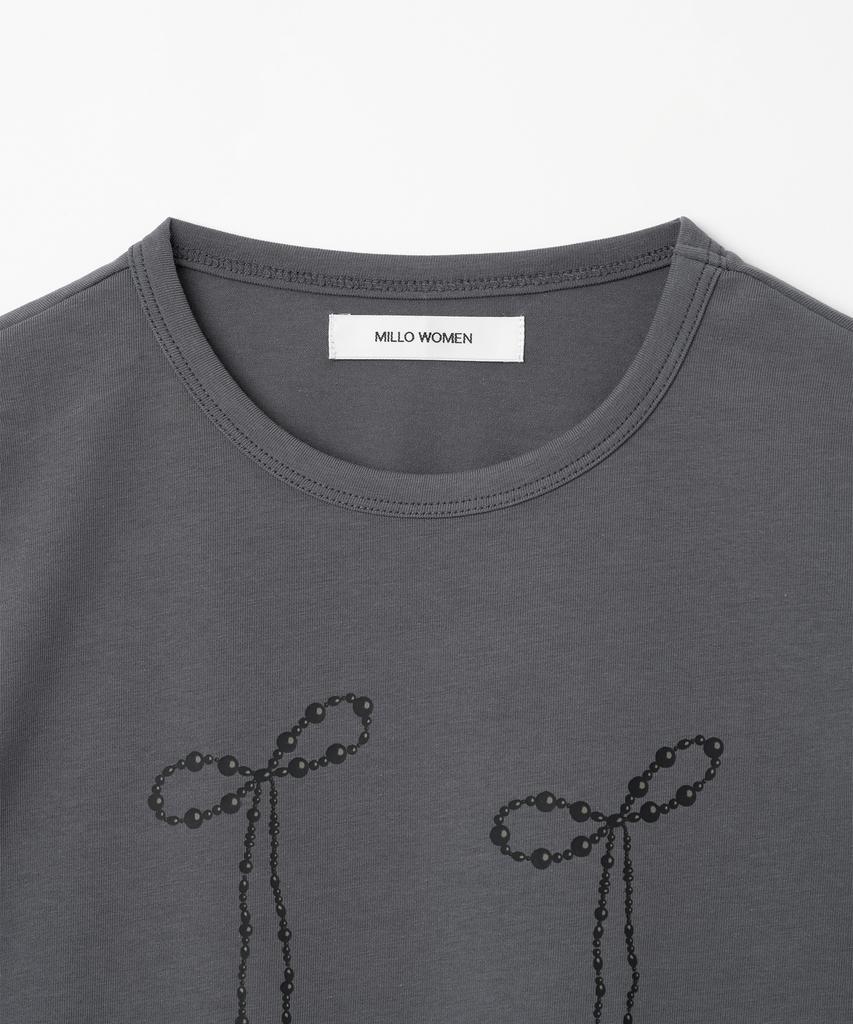 MILLO WOMEN Pearl Ribbon T-Shirt [Charcoal]