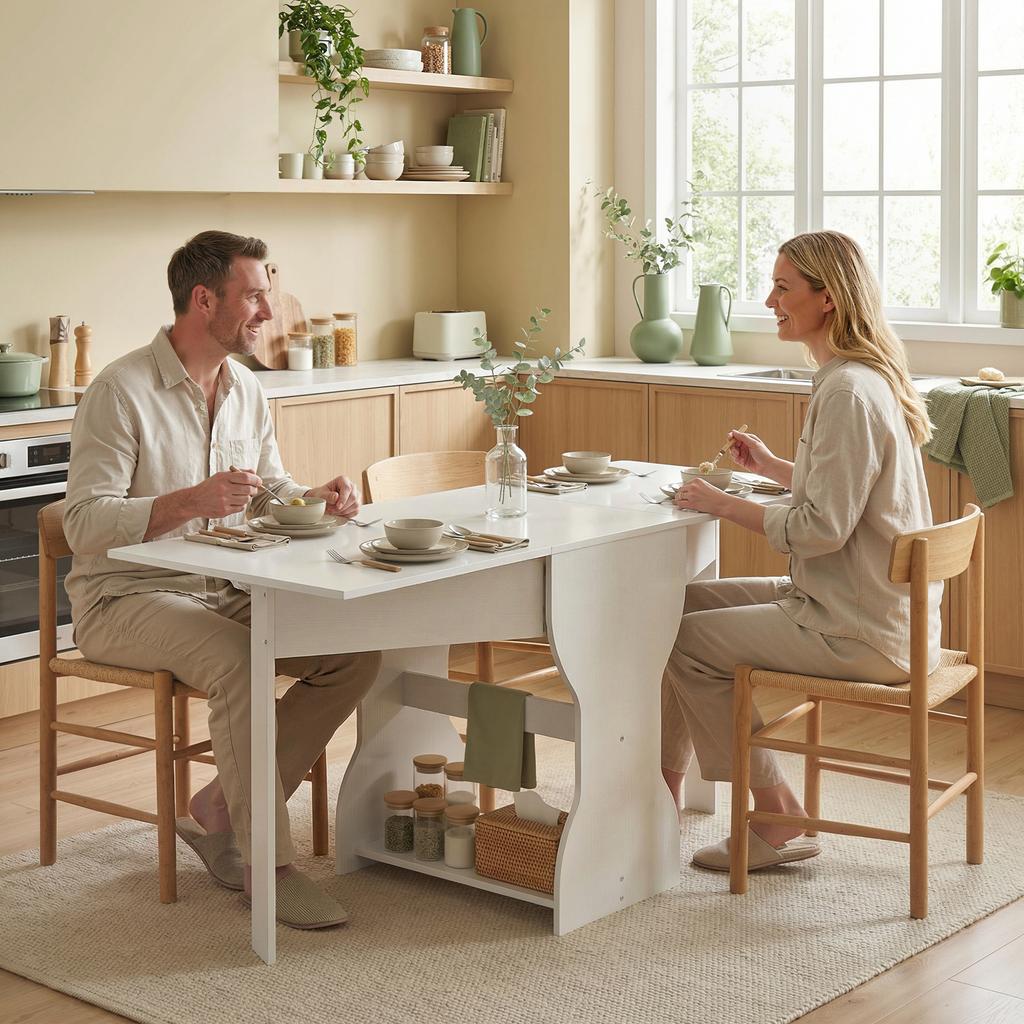 Dining Table Foldable Kitchen Table with Storage for 2-4 People Folding Table for Small Spaces Dining Room 160 x 60 x 75 cm White