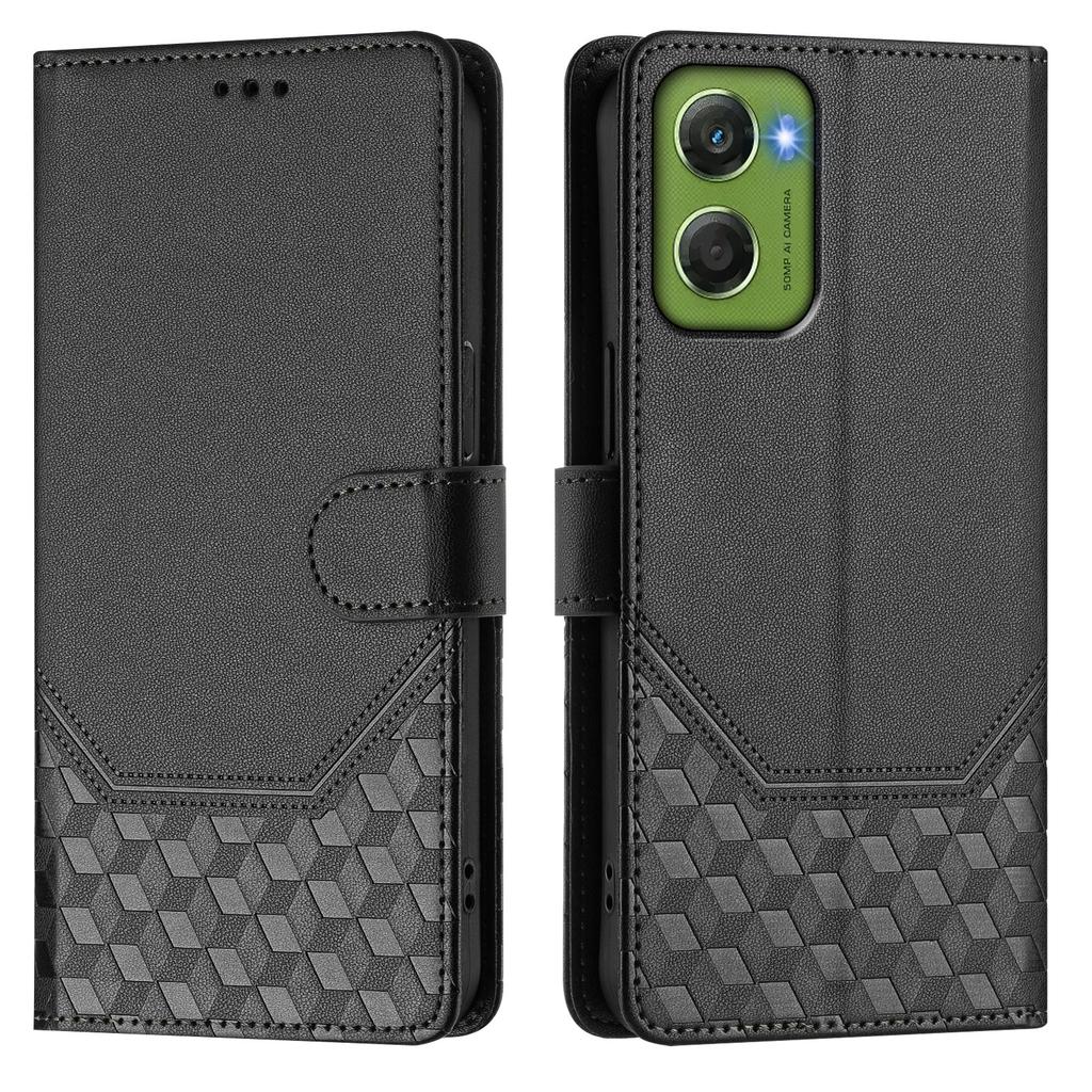 For Motorola Moto G06 4G Case Imprinted Honeycomb RFID Blocking Leather Phone Cover with Strap