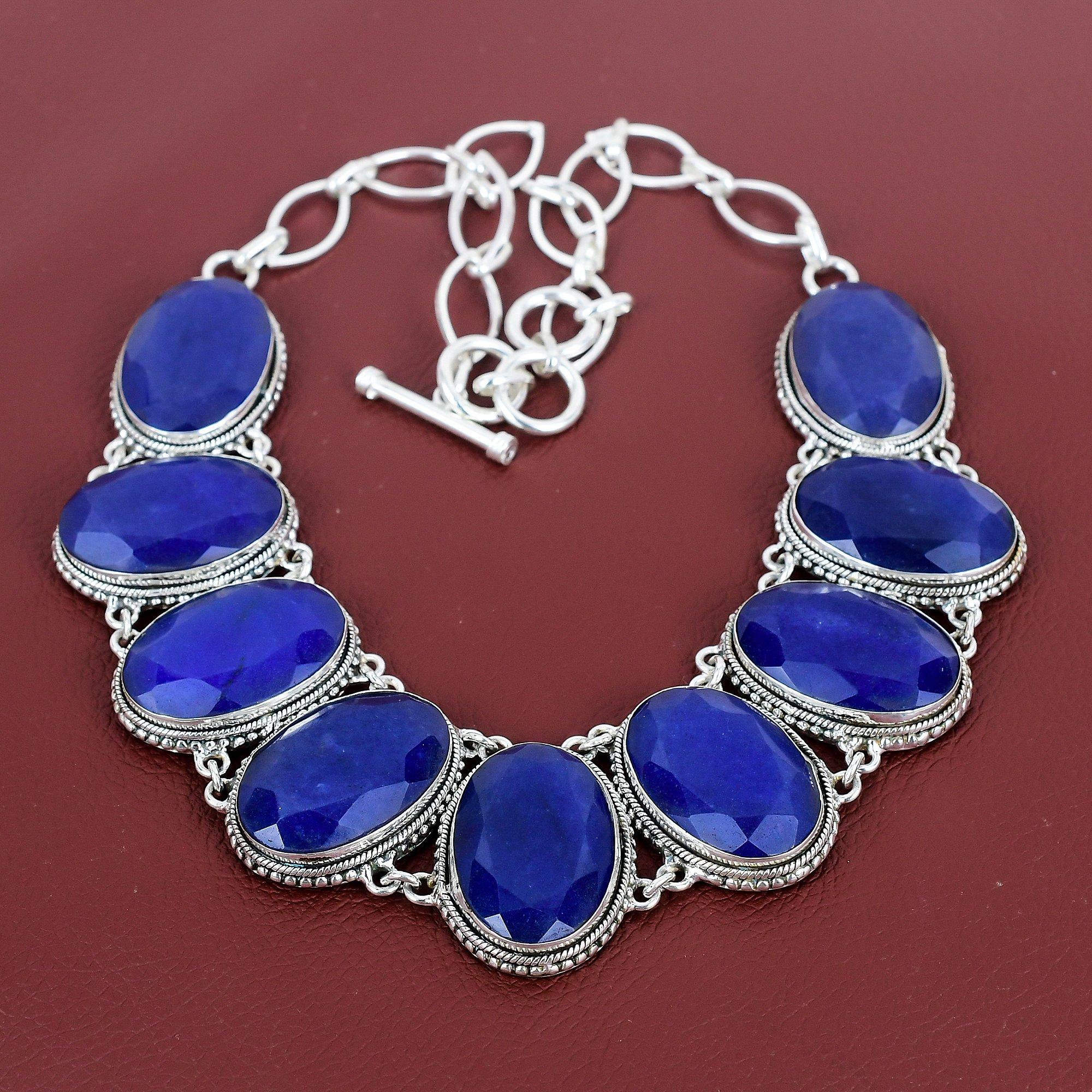 Faceted Blue Sapphire Necklace Gemstone Jewelry Vintage Necklace 925 Sterling Silver Adjustable Chain Necklace Handmade Necklace For Mother Adjustable
